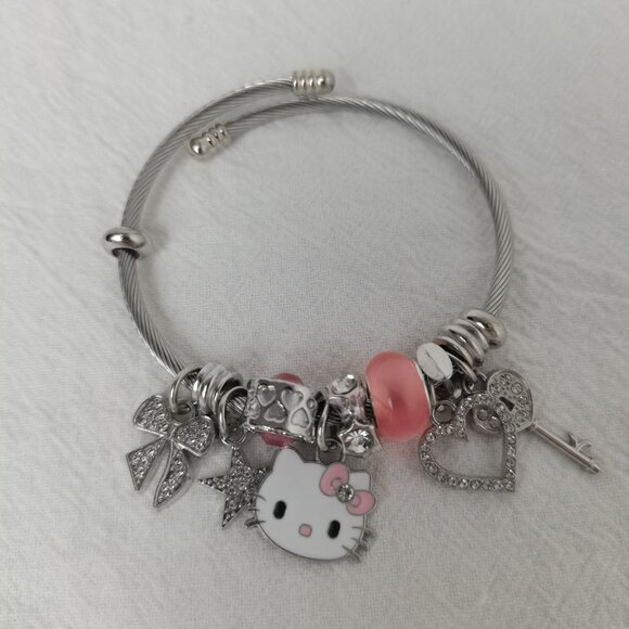 Hello Kitty Charm Pendant Silver & Pink Tone Bangle Bracelet - Picture 2 of 4